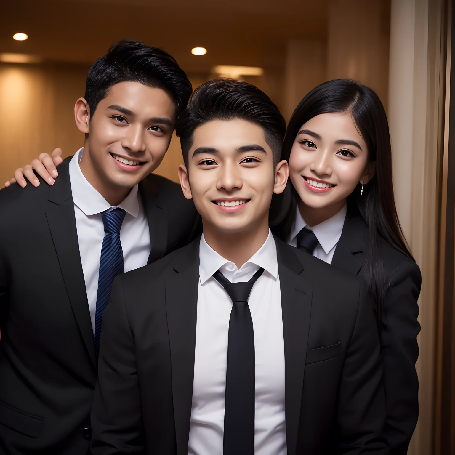 a girl, a men ,20 years old ，Indian boy , Malaysian malay girl ,facial expression filled with  super joy and delight，eyes shine brightly,  face  adorned with a beaming smile, half body, front view indoor, work in hotel, wear manager uniform , coat, black and white, background is hotel lobby,(((Professional Attire,Grooming Standards, name tag, men with black color tie))), Indian skin , deep brown