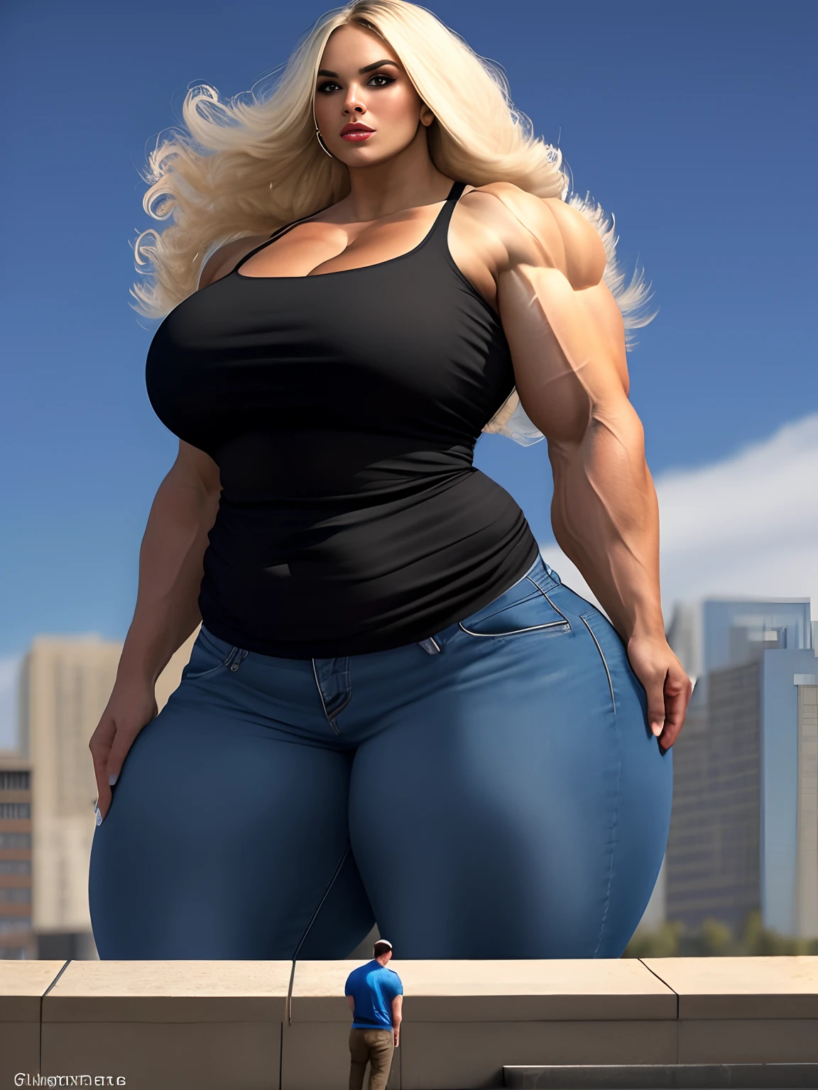 Giantess, muscular, fbb, bbw, hyper, hypermuscle, height difference, size difference, 1girl, 1boy, plump, couple, hetero, (tall girl, taller woman, larger female:1,5), adult, skinny male, short man, tiny boy, miniboy, miniature man, Twink