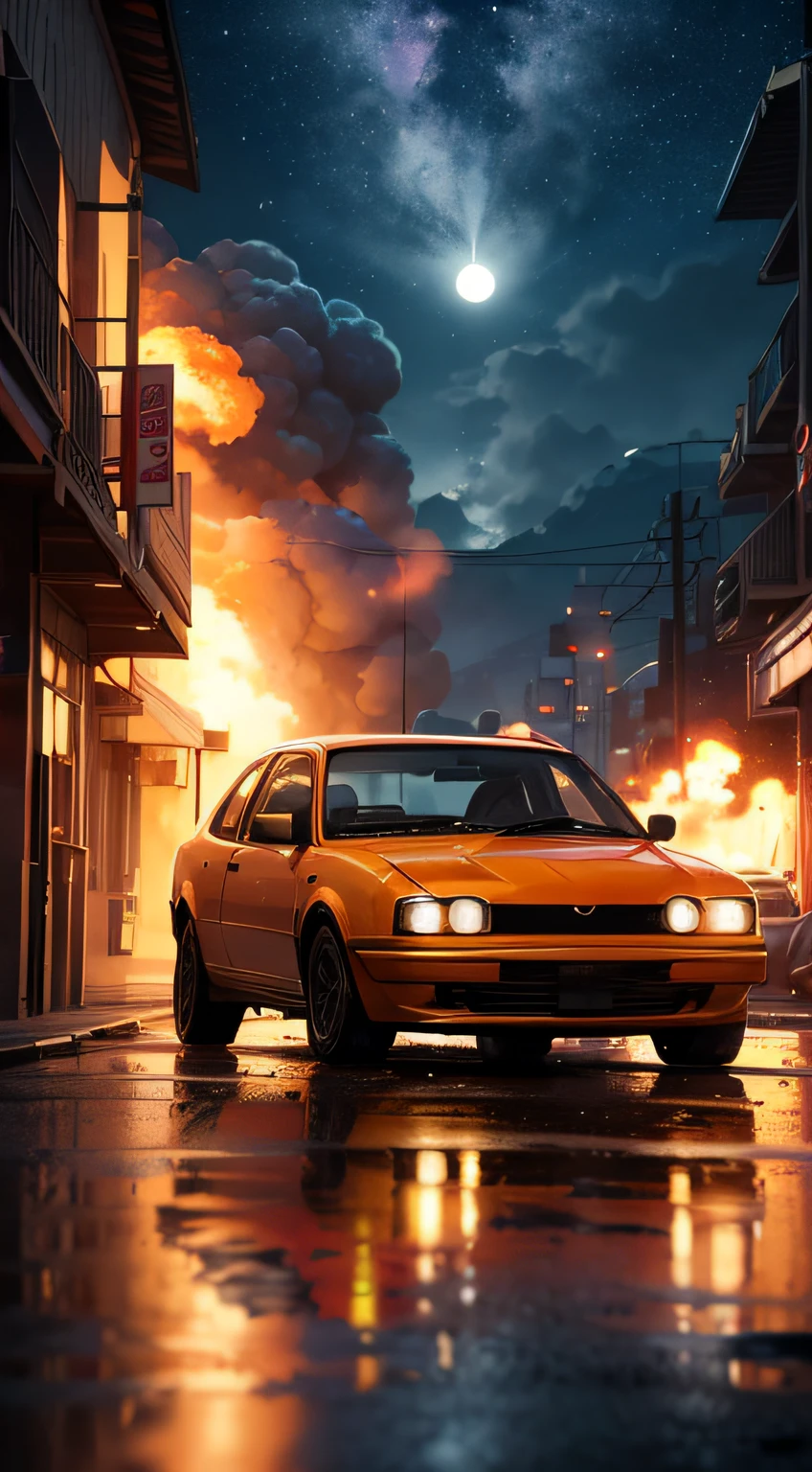 (masterpiece),best quality, (a car exploding at night, car on fire), explosion, ((cinematic, low angle)), bright, smoke,front view, street, night, fire, destruction, contrast, chaos, lights, intricate, explosion focus, fire trail,( full moon),smoke,old car, chevette, speed, velocity, buildings in the background, ((extreme high temperature)), (close up), high angle, dynamic, one car, alone, solo, depth, perfect angle, detailed asphalt, buildings on the side, beautiful sky, poles, (smoke mushroom), smoke on top of the image, orange, dark
 
BEAK is a sad image, the explosion is epic, the image has strong shadows, a car in fire, the explosion is bright, the explosion is the light of the image,the explosion contast with the dark, 
BREAK 
perfect perspective, cinematic lighting, reflection light, backlighting, ray tracing, glowing light, 8k, super detail, ccurate, best quality, UHD, masterpiece, ccurate, high details, high quality, award winning, highres, 4K, zeekars,