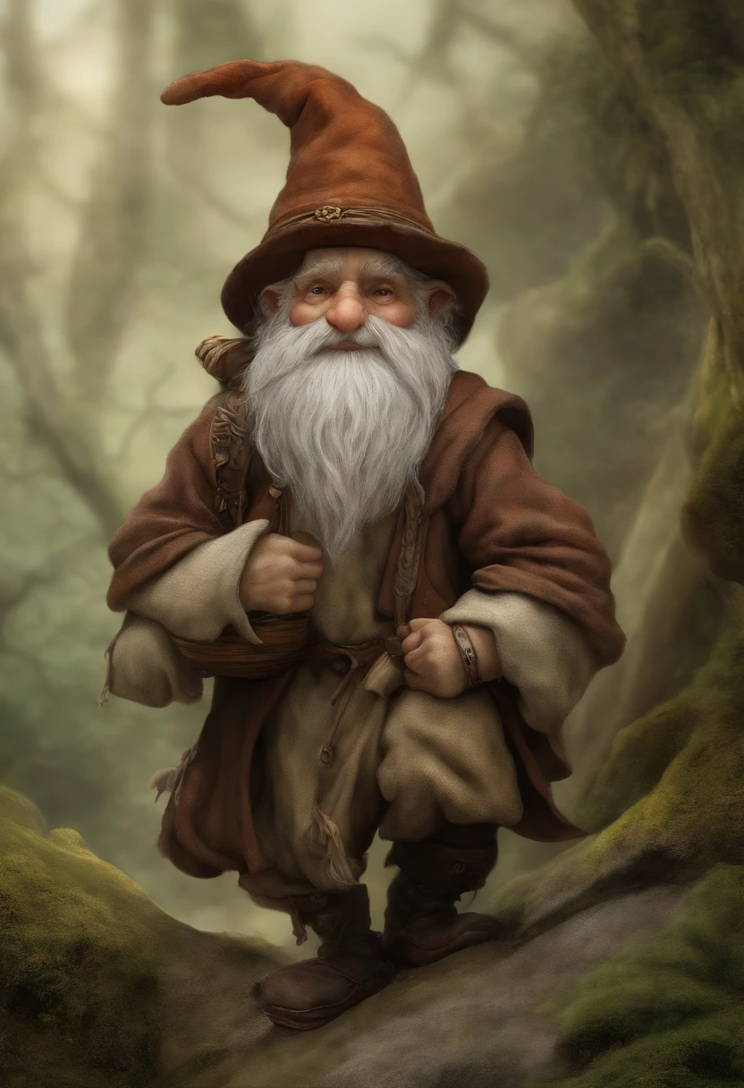 Close-up of a cartoon gnome with a hat and backpack, trajes azuis, a stick in the left hand, arte conceitual par Tony DiTerlizzi, Vencedor do concurso Artstation, Inculto, Brian Froud Juan Gimenez, Retrato de um gnomo chamado Eldon, Jean - Baptiste Monge, Estilo Brian Froud, Monge Jean-Baptiste Monge, John the Baptist Monk