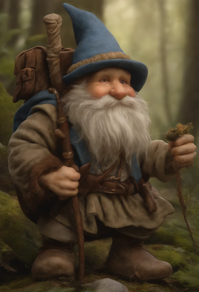 Close-up of a cartoon gnome with a hat and backpack, trajes azuis, a stick in the left hand, arte conceitual par Tony DiTerlizzi, Vencedor do concurso Artstation, Inculto, Brian Froud Juan Gimenez, Retrato de um gnomo chamado Eldon, Jean - Baptiste Monge, Estilo Brian Froud, Monge Jean-Baptiste Monge, John the Baptist Monk