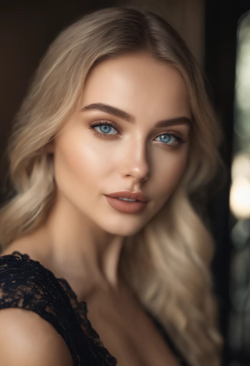 Sexy girl with blue eyes, portrait sophie mudd, Portrait of de Corinnne Kopf, blonde hair and large eyes, selfie of a young woman, Макияж Without, natural makeup, Look directly into the camera, face with artgram, dezentes Make-up, Excellent full-length photography, in a room, big breastes, blonde, Latina