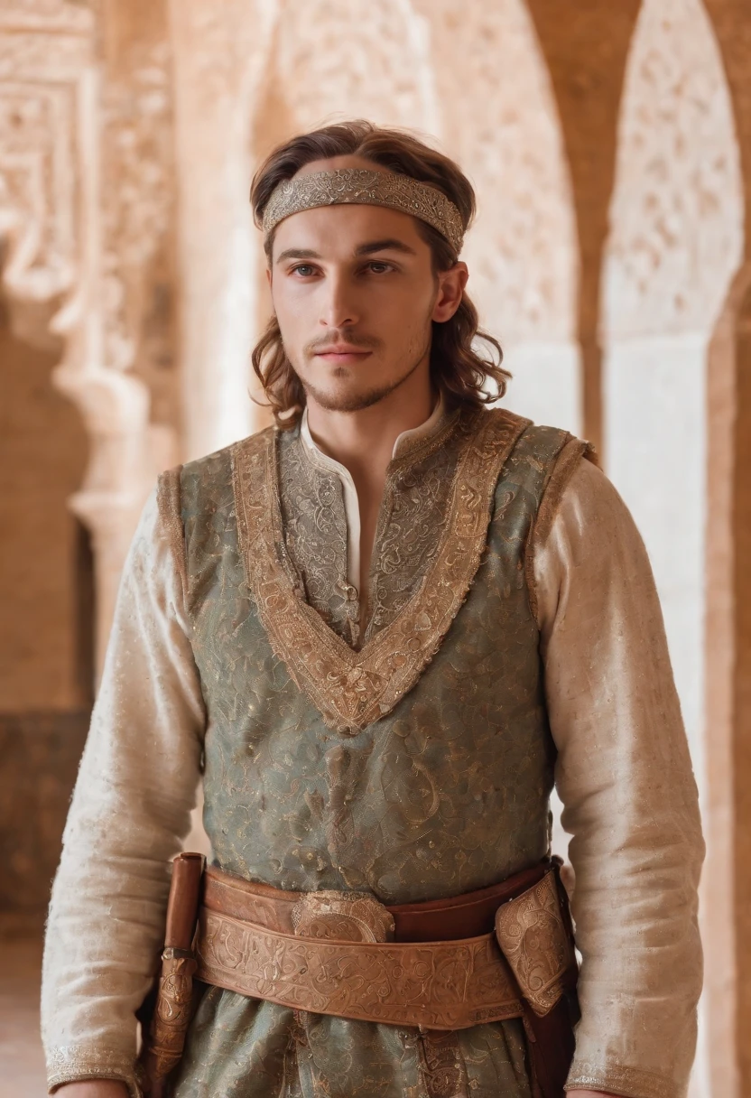 strong, A young man with brown and white hair, A light beard and a full body dressed as a warrior standing in the palaces of Andalusia ,Moroccan mosaic,Moroccan Zellige,Islamic War Hat,The whole body looks at the camera holding a sword