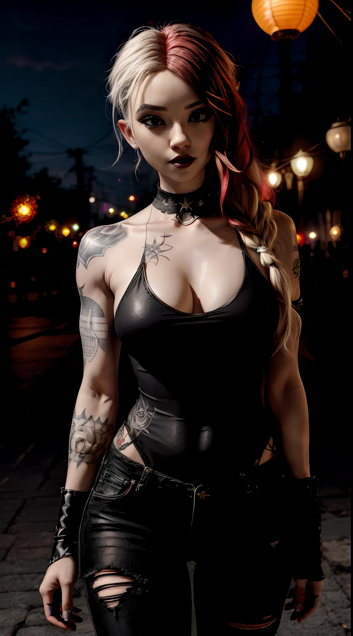 masterpiece, best quality,(best quality:1.1), (masterpiece:1.2), (masterpiece:1.2),best quality, extremely detailed, goth girl (goth makeup:1.2), random hair, random red haircolor, random multicolored hair, hyper-detailed, fullbody head to feet character, hyper-luminescent character sexy hourglass blonde woman, black-red shoulder tattoo, arm tattoo, chest tattoo, piercing, messy long white hair, in a black t-shirt and rock jacket with badge, skinny short ripped jeans, (random eye color), blurred background, lantern festival , visually stunning, bokeh, piercings, hanfu, scenery, ink, white background,