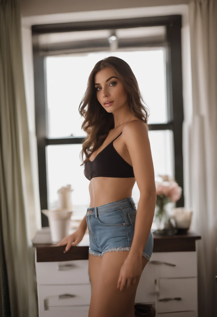 arafed woman with matching tank top and panties, sexy girl with brown eyes, portrait sophie mudd, brown hair and large eyes, selfie of a young woman, bedroom eyes, violet myers, without makeup, natural makeup, looking directly at the camera, face with artgram, subtle makeup, stunning full body shot, in bedroom, cleavage