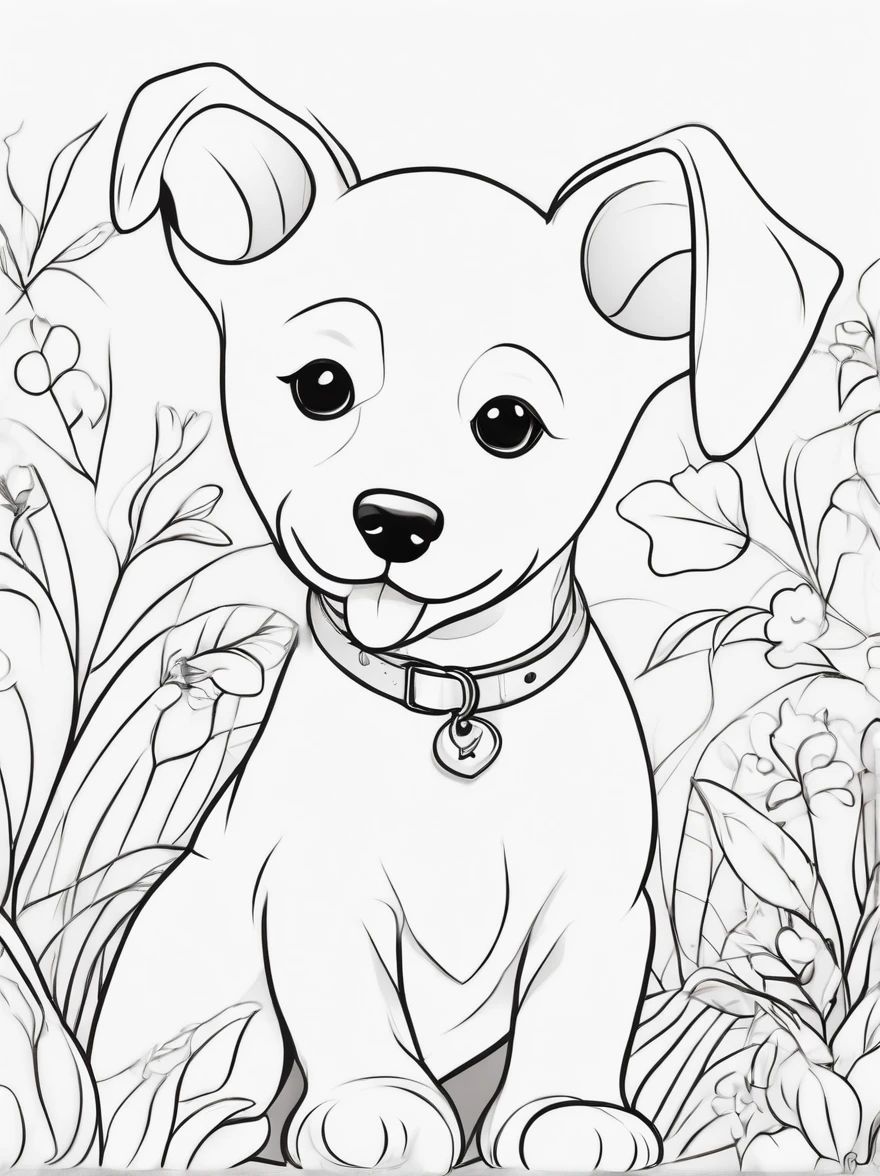 cute dog,cartoon style,line drawing background,white background,monochromatic,line drawing,((sketch)),children's coloring