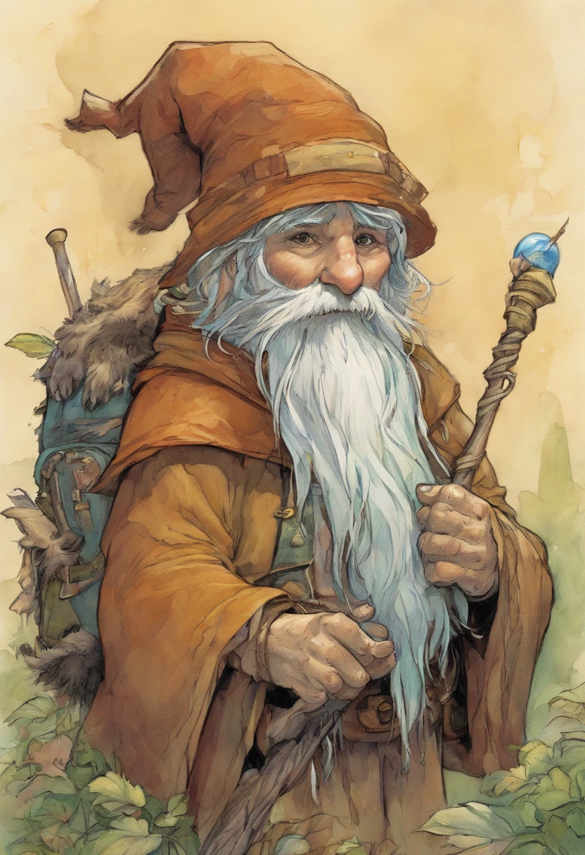 Close-up of a cartoon gnome with a hat and backpack, trajes azuis, a stick in the left hand, arte conceitual par Tony DiTerlizzi, Vencedor do concurso Artstation, Inculto, Brian Froud Juan Gimenez, Retrato de um gnomo chamado Eldon, Jean - Baptiste Monge, Estilo Brian Froud, Monge Jean-Baptiste Monge, John the Baptist Monk