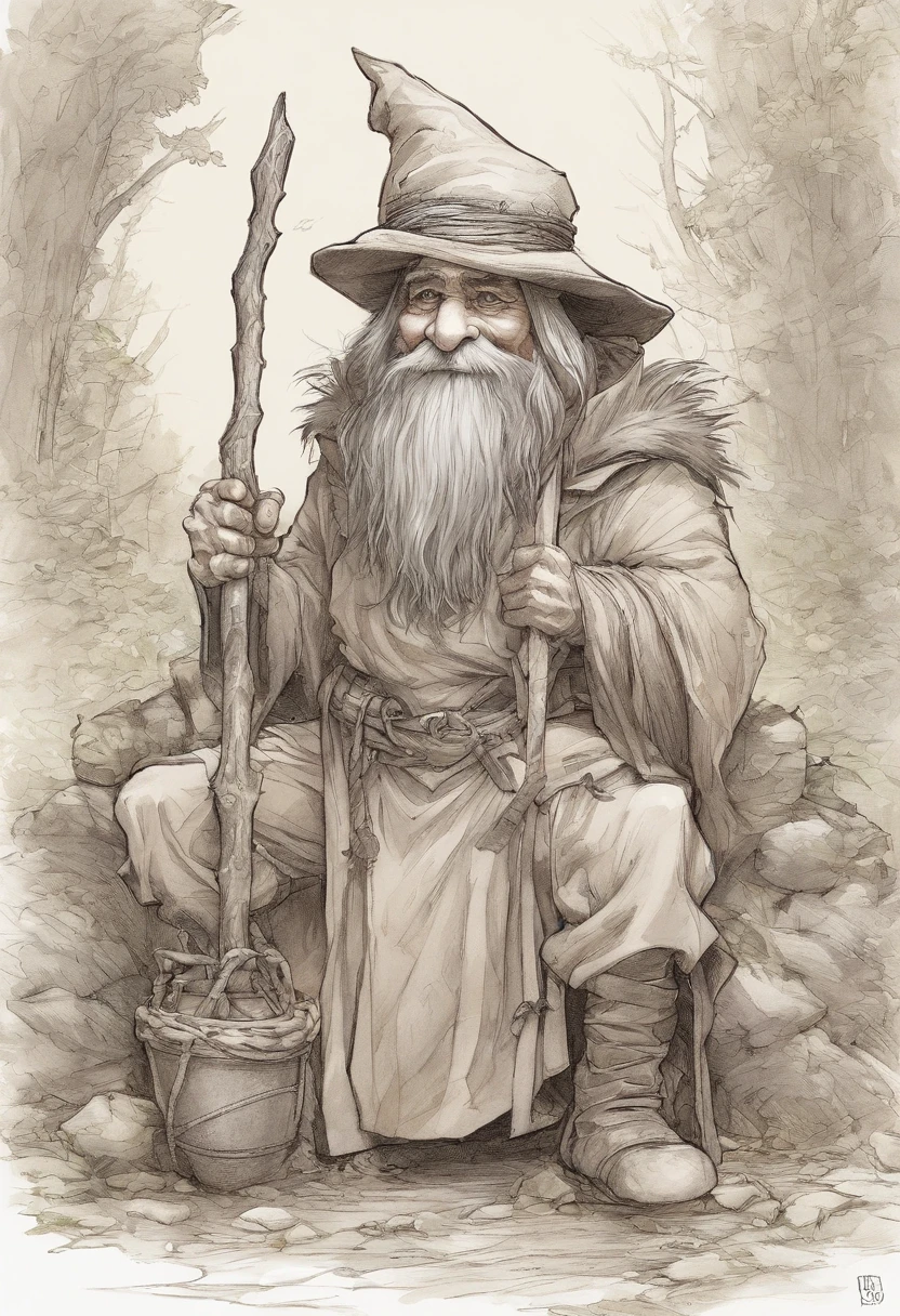 Close-up of a cartoon gnome with a hat and backpack, trajes azuis, a stick in the left hand, arte conceitual par Tony DiTerlizzi, Vencedor do concurso Artstation, Inculto, Brian Froud Juan Gimenez, Retrato de um gnomo chamado Eldon, Jean - Baptiste Monge, Estilo Brian Froud, Monge Jean-Baptiste Monge, John the Baptist Monk