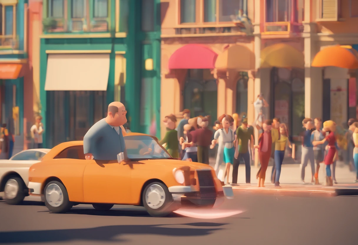 Desenhe uma cena em um local urbano ao ar livre, onde um homem magro e careca, veste uma camisa verde escura, the shirt is short sleeve style, is in the center of the image. The man is bald, or even, Homem careca fica parado, As pessoas em movimento, Creating a blur of activity around I give up, bald man, The scene should be represented at an angle that highlights the thin man in the crowd and the urban atmosphere around him. The scene is done in half a scene, The man is facing, People who are around are out of focus with Blur showing that they are moving fast