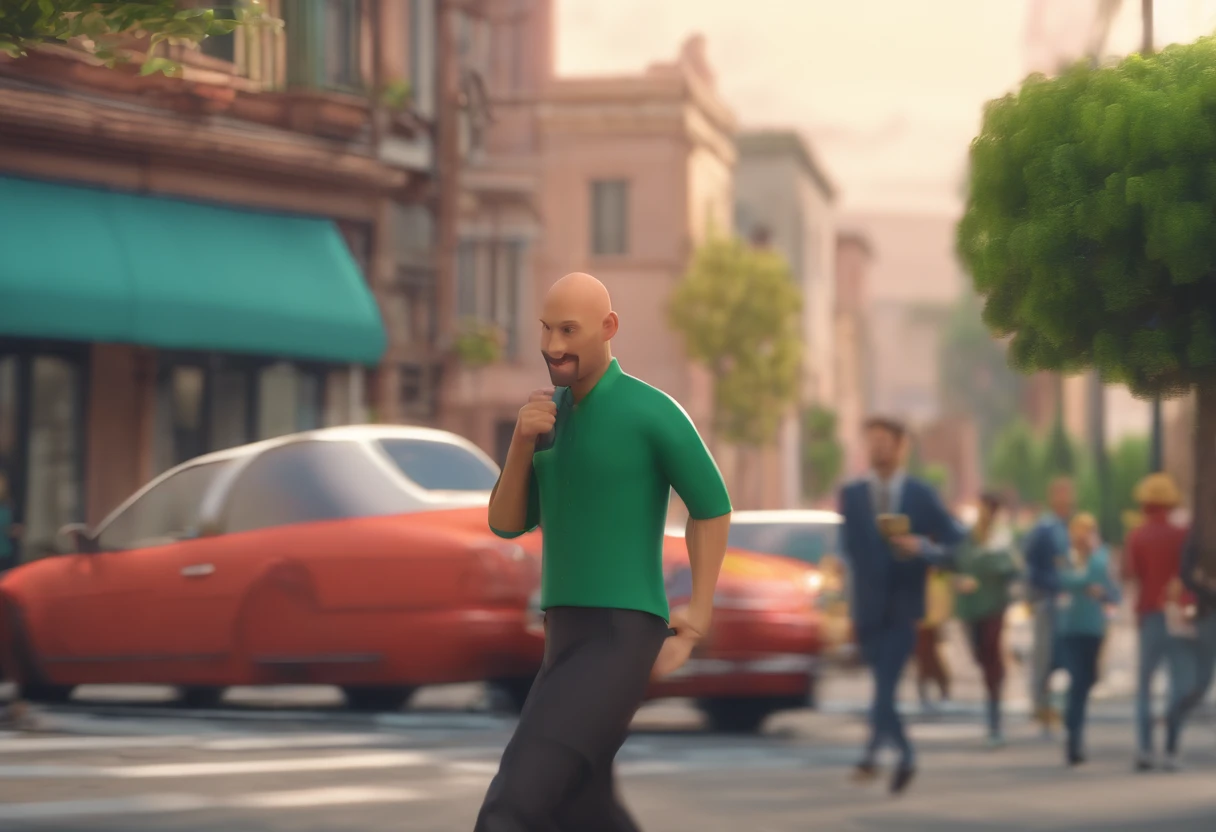 Desenhe uma cena em um local urbano ao ar livre, onde um homem magro e careca, veste uma camisa verde escura, the shirt is short sleeve style, is in the center of the image. The man is bald, or even, Homem careca fica parado, As pessoas em movimento, Creating a blur of activity around I give up, bald man, The scene should be represented at an angle that highlights the thin man in the crowd and the urban atmosphere around him. The scene is done in half a scene, The man is facing, People who are around are out of focus with Blur showing that they are moving fast