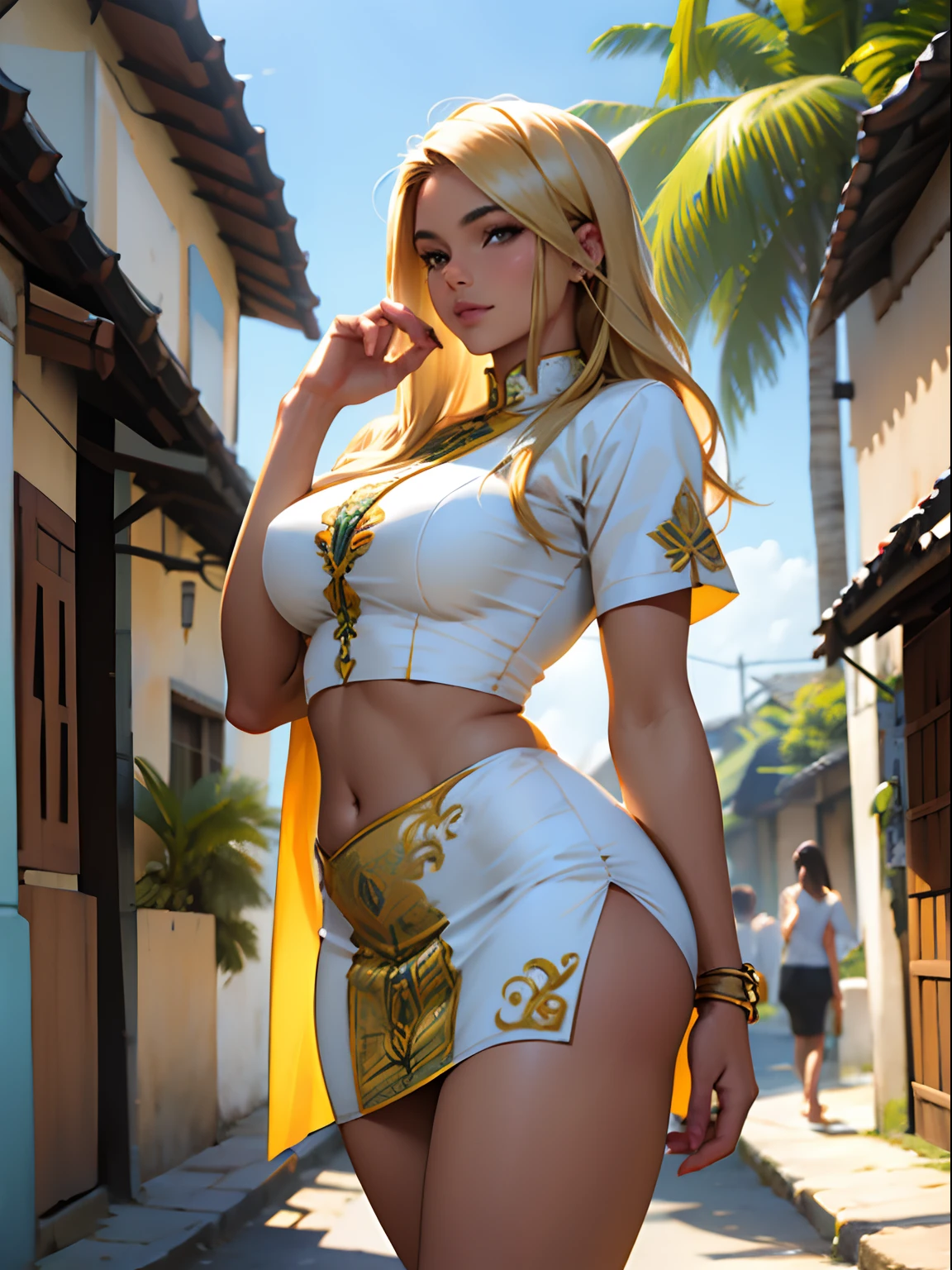 Brazilian ethnicity, seios pequenos, bunda pequena, corpo proporcional real, barriga saliente, long blonde hair, corpo inteiro, usando vestido longo, rua movimentada, Perfect hand details, detalhes perfeitos das pernas.