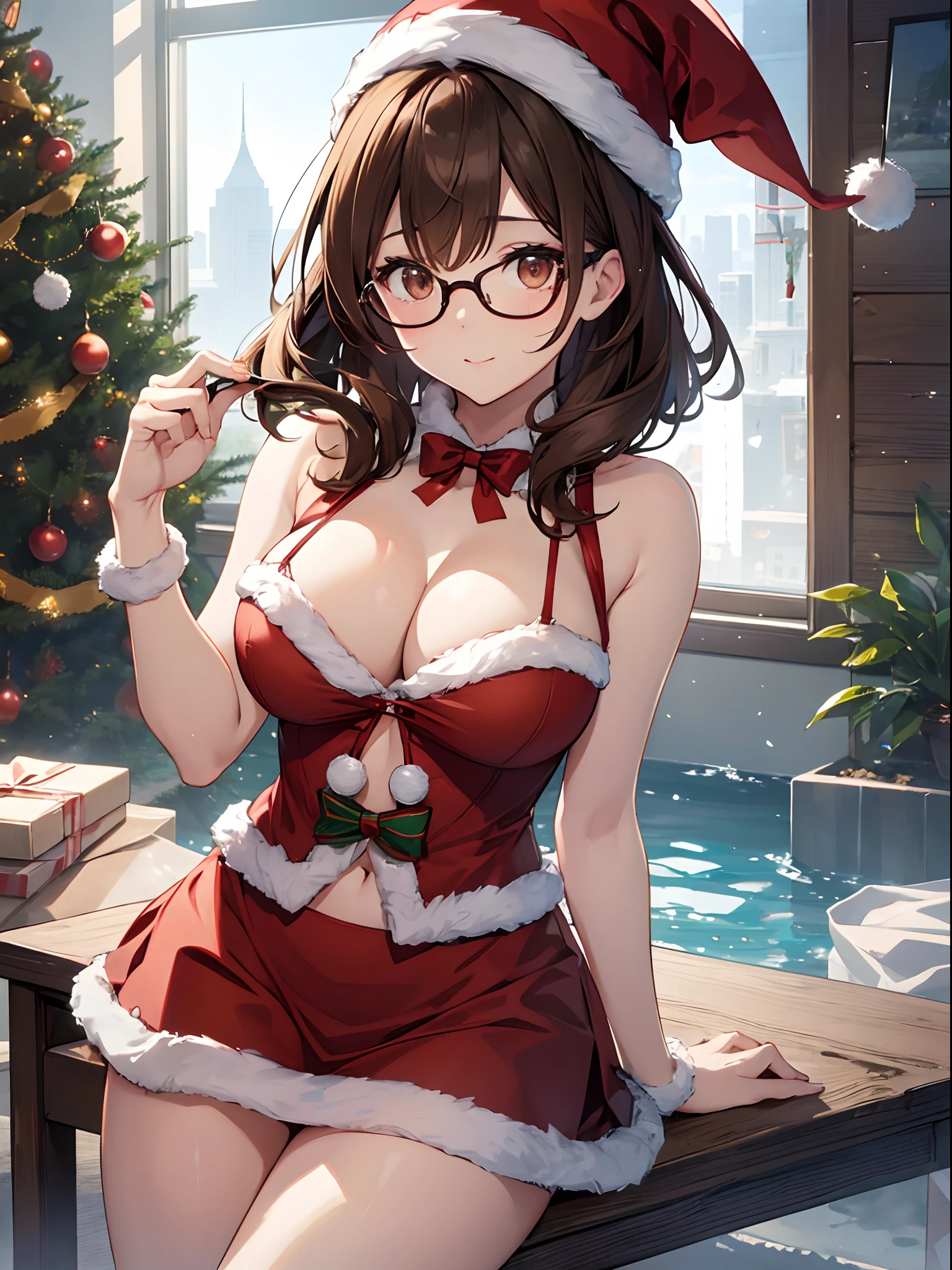 1 female、brown haired(Curta)、Brown eyes、Black-rimmed glasses、Best Quality、ultra-detailliert、8K resolution、Raw photo、masutepiece、seductive boobs、gorgeous faces、Perfect body、santa claus