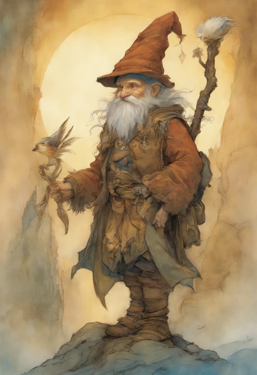 Close-up of a cartoon gnome with a hat and backpack, trajes azuis, a stick in the left hand, arte conceitual par Tony DiTerlizzi, Vencedor do concurso Artstation, Inculto, Brian Froud Juan Gimenez, Retrato de um gnomo chamado Eldon, Jean - Baptiste Monge, Estilo Brian Froud, Monge Jean-Baptiste Monge, John the Baptist Monk