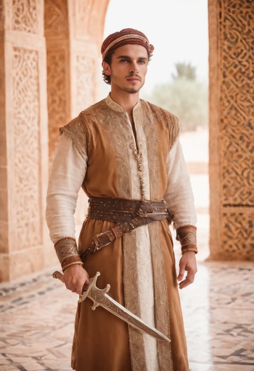 strong, A young man with brown and white hair, A slight beard and a full body dressed as a warrior standing in the palaces of Andalusia ,Moroccan mosaic,Moroccan Zellige,Islamic War Hat,The whole body looks at the camera holding a sword