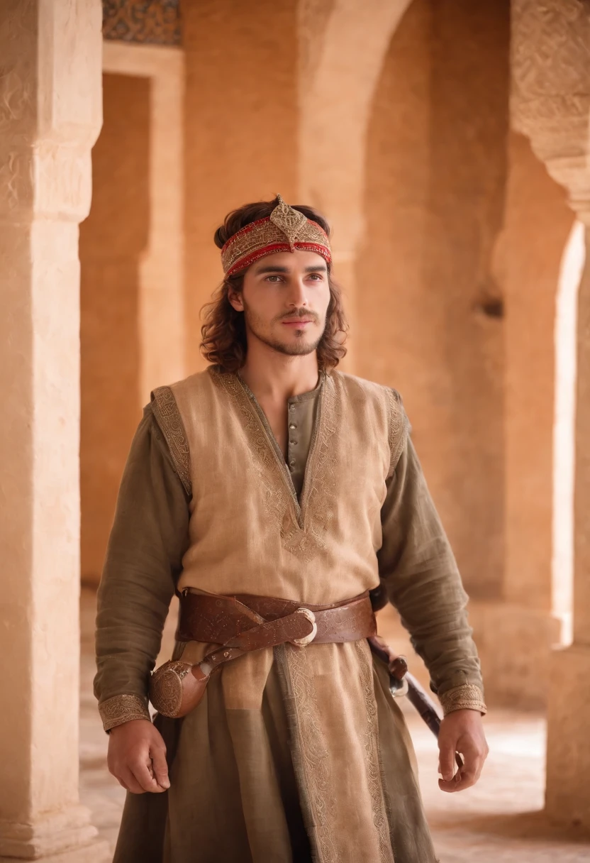 strong, A young man with brown and white hair, A slight beard and a full body dressed as a warrior standing in the palaces of Andalusia ,Moroccan mosaic,Moroccan Zellige,Islamic War Hat,The whole body looks at the camera holding a sword