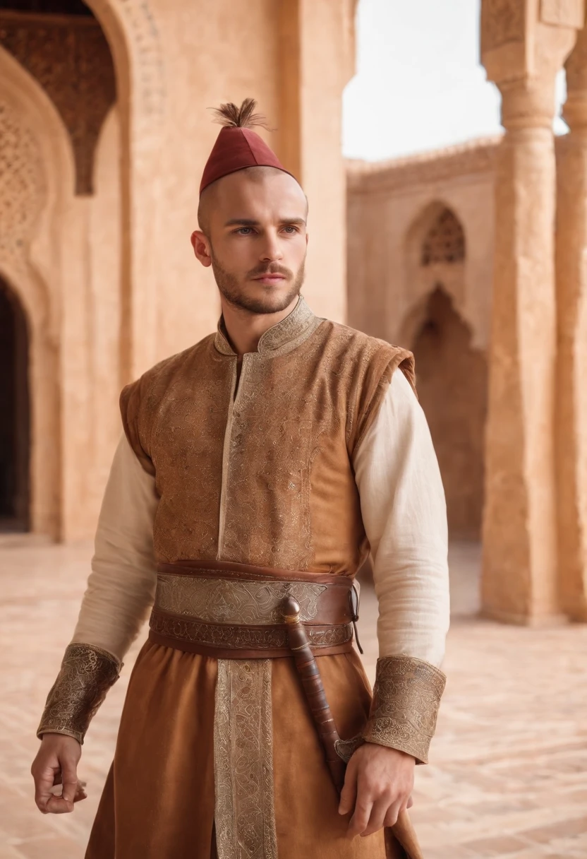 strong, A young man with brown and white hair, A slight beard and a full body dressed as a warrior standing in the palaces of Andalusia ,Moroccan mosaic,Moroccan Zellige,Islamic War Hat,The whole body looks at the camera holding a sword