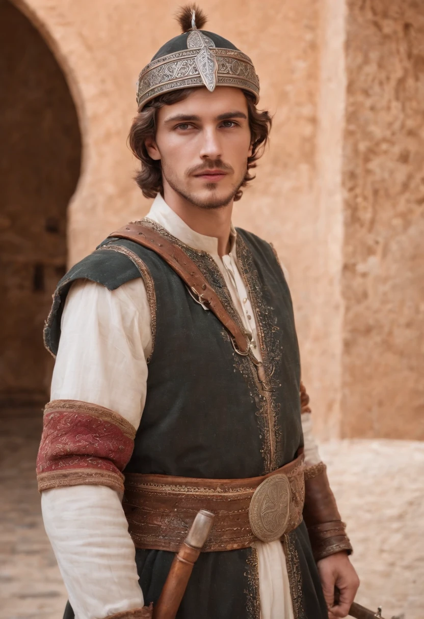 strong, A young man with brown and white hair, A slight beard and a full body dressed as a warrior standing in the palaces of Andalusia ,Moroccan mosaic,Moroccan Zellige,Islamic War Hat,The whole body looks at the camera holding a sword