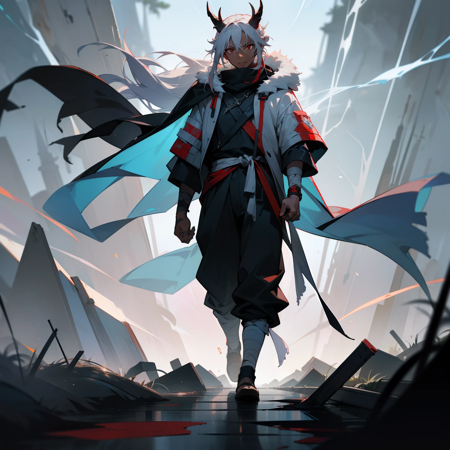 masterpiece, 1male,  adult, casual clothes, oversized fur hood, pants, messy white hair, long length hair with man bun, somber expression, red eyes, dark skin, bandages wrapped around arms and hands, scars, walking down path, dark forest, blue lightning surrounding body, horn