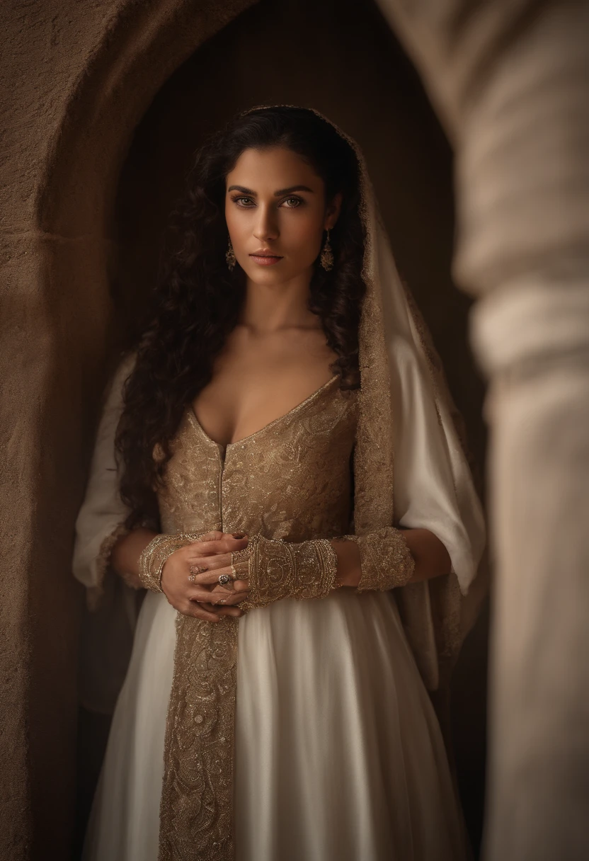 (((Una profunda herida rojiza cruza su mejilla izquierda))) tez clara bronceada por el sol de medio oriente, Female around 25 years old, cabello natural, Distinctive brown eyes, Wearing clothing from the Jerusalem era of the 8th century BC, Delgada y elegante, Beautiful, Luz de velas en un entorno judio, Ultra Sharp Focus, Toma realista, Ropa femenina judia, warm colours (cicatriz:1.4)
