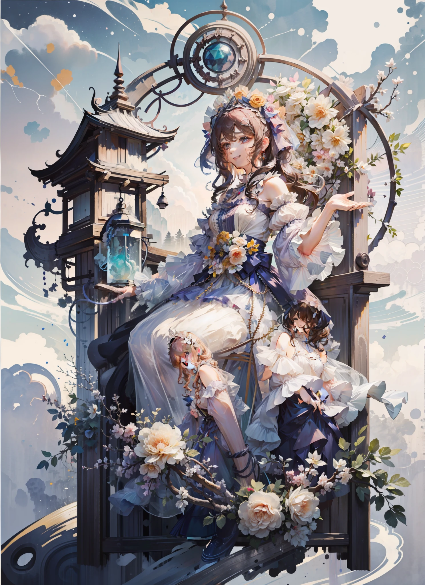(Extremely delicate and beautiful:1.5),1girll, standing on your feet，full bodyesbian，Sweet face，Light smile，By bangs, Gemstone eyes, Contre-Jour，Long curly hair, Lolita dress, brown  hair, Keep one's mouth shut, seen from the side, Lanterns, light particules, longer sleeves, looking at viewert，pink bows，独奏