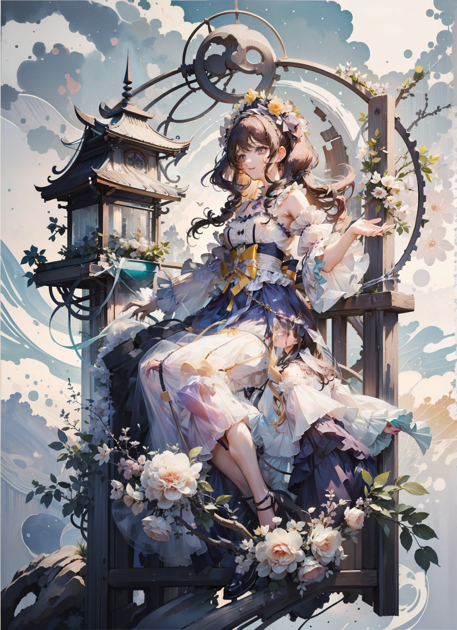 (Extremely delicate and beautiful:1.5),1girll, standing on your feet,full bodyesbian,Sweet face,Light smile,By bangs, Gemstone eyes, Contre-Jour,Long curly hair, Lolita dress, brown hair, Keep one's mouth shut, seen from the side, Lanterns, light particules, longer sleeves, looking at viewert,pink bows,独奏