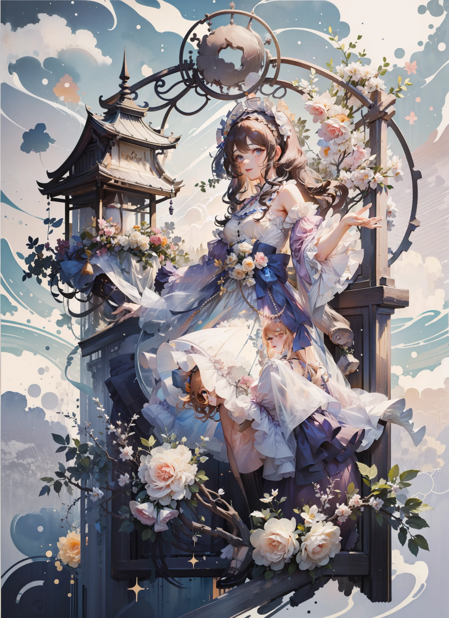 (Extremely delicate and beautiful:1.5),1girll, standing on your feet,full bodyesbian,Sweet face,Light smile,By bangs, Gemstone eyes, Contre-Jour,Long curly hair, Lolita dress, brown hair, Keep one's mouth shut, seen from the side, Lanterns, light particules, longer sleeves, looking at viewert,pink bows,独奏