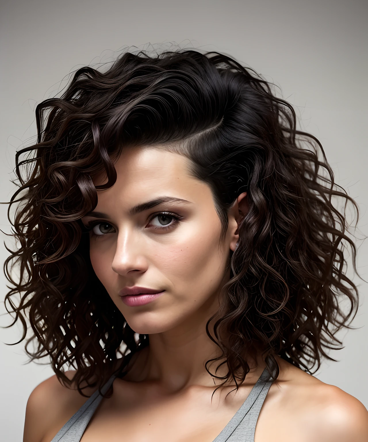 a 42 yo woman, long curly hair, brunette, (hi-top fade:1.3), dark theme, soothing tones, muted colors, high contrast, (natural skin texture, hyperrealism, soft light, sharp)