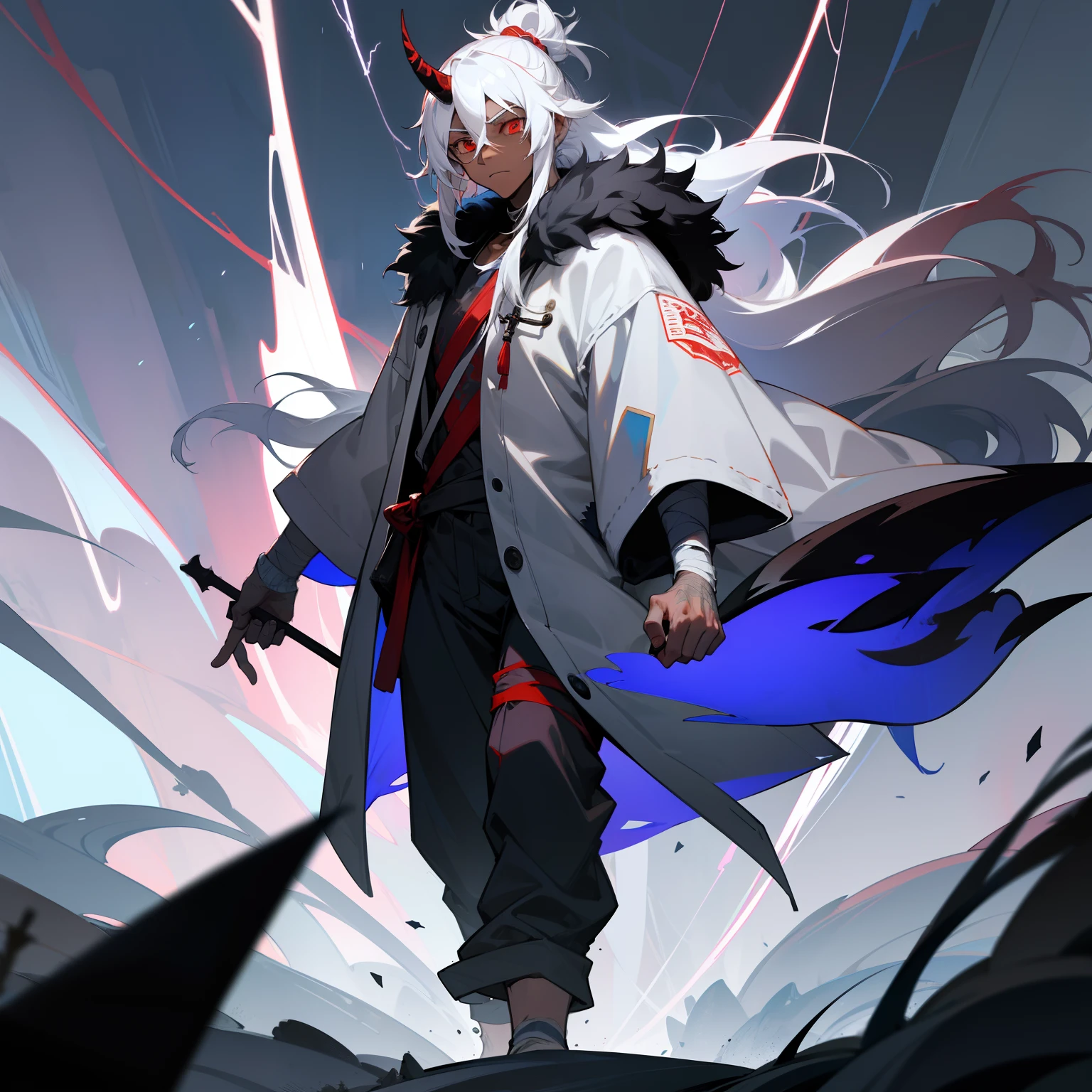 masterpiece, 1male, young adult, casual clothes, oversized fur hood, pants, messy white hair, long length hair with man bun, somber expression, red eyes, dark skin, bandages wrapped around arms and hands, scars, walking down path, dark forest, blue lightning surrounding body, horn