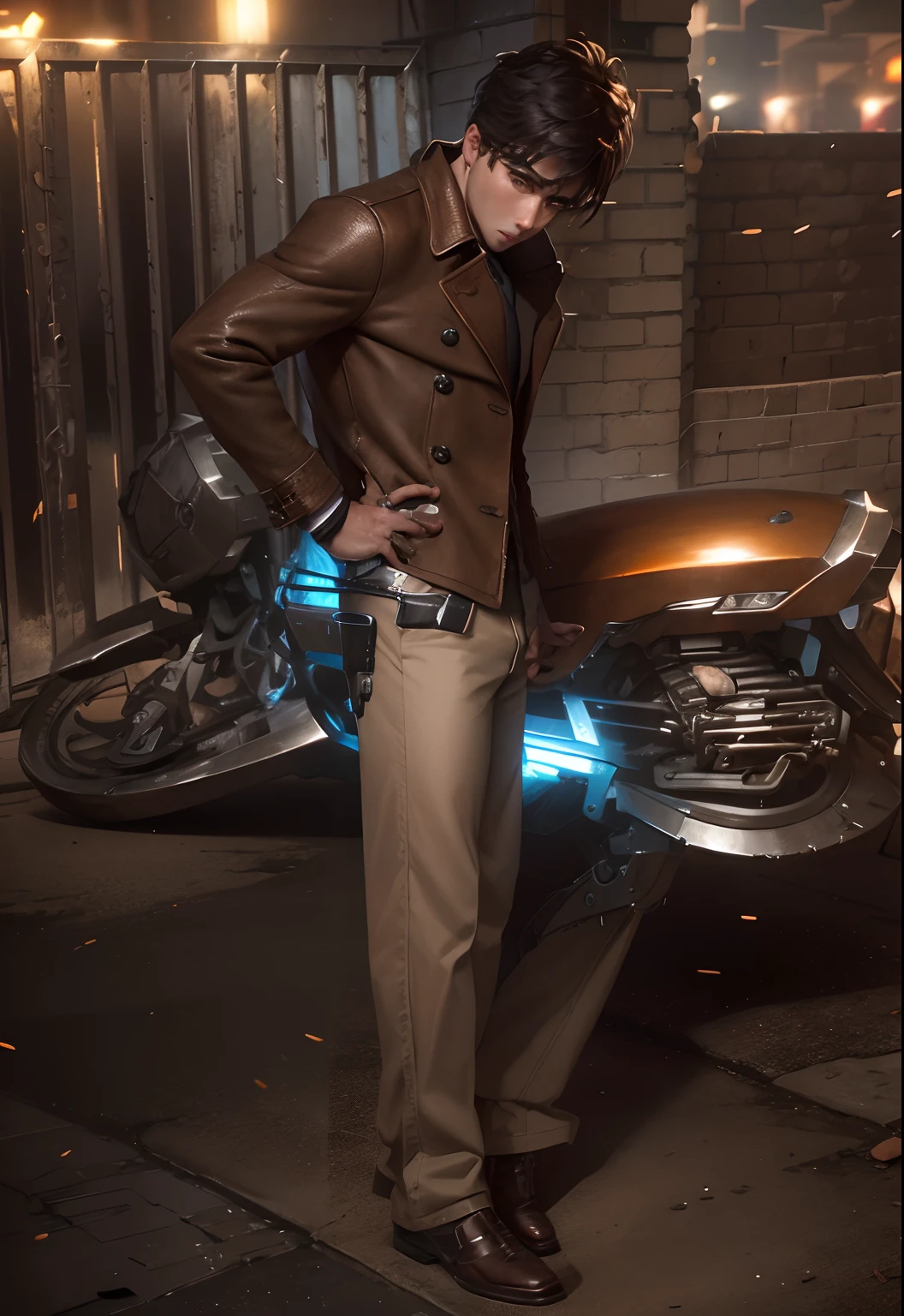 Portrait photo of a handsome male full body photo, perfect eyes, wearing a shabby mecha coat, ((light bokeh)), intricate, (steel metal [rust]), elegant, sharp focus, photo by Greg Rutkovsky, soft lighting, bright colors, masterpiece, (street)), detailed realistic face, close-up of the face.