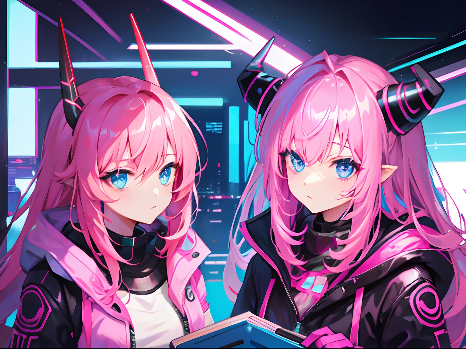 Women with Cyberpunk Pink Horns, Dark Bright Pink Hair, Blue eyes