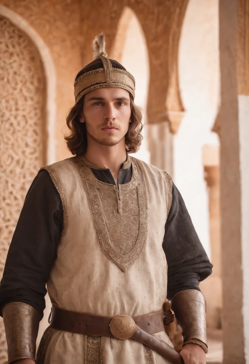 strong, A young man with brown and white hair, A slight beard and a full body dressed as a warrior standing in the palaces of Andalusia ,Moroccan mosaic,Moroccan Zellige,Islamic War Hat,The whole body looks at the camera holding a sword