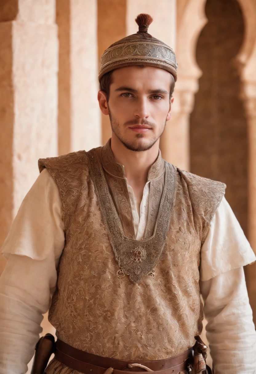 strong, A young man with brown and white hair, A slight beard and a full body dressed as a warrior standing in the palaces of Andalusia ,Moroccan mosaic,Moroccan Zellige,Islamic War Hat,The whole body looks at the camera holding a sword