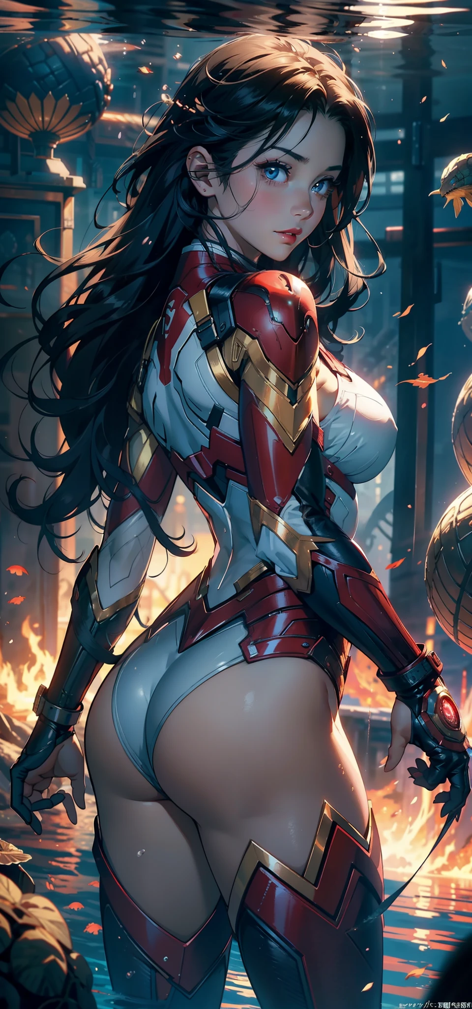 1female,41 years old,熟妇,A MILF ,Married Woman, mature,plumw,extremely large bosom ,Pornographic exposure, 独奏,(Background with:Underwater,ocean floor,Undersea volcanoes,airbubble,The corals) She has short black hair,standing underwater,seen from the front, hair straight,(((tmasterpiece),(Very detailed CG unity 8K wallpaper),best qualtiy,cinmatic lighting,detailed back ground,beatiful detailed eyes,Bright pupils,Redlip(Very fine and beautiful),(Beautiful and detailed eye description),ultra - detailed,tmasterpiece,)),facing at camera,A high resolution,ultra - detailed),revealing breasts,Bare genitalia, Bulge,legs are open,Raised sexy,Camel toes,Flushed complexion,Open-mouthed,frontage,captain america,(Wearing:Iron Man uniform)