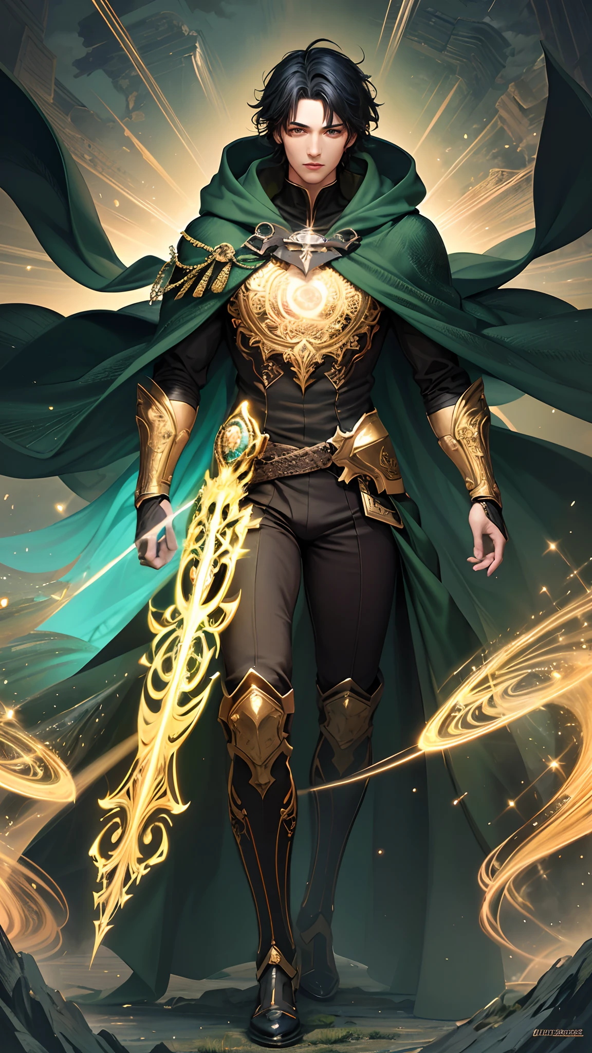 (masterpiece, top quality, best quality, official art, beautiful and aesthetic:1.2), (1handsome man), black hair, extreme detailed, (fractal art:1.3), highest detailed, perfect face, perfect eyes, full body, perfect body, HDR, (green cloak golden lines:1.2), (light streaks), striking visuals, (dynamic streaks, luminous trails:1.2), vibrant colors, Sun, clouds, strong wind