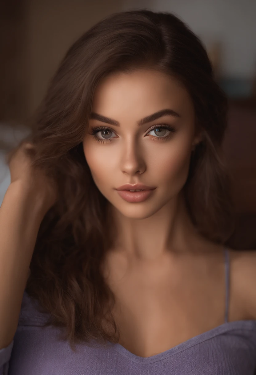 arafed woman fully , sexy girl with brown eyes, ultra realistic, meticulously detailed, portrait sophie mudd, brown hair and large eyes, selfie of a young woman, dubai eyes, violet myers, without makeup, natural makeup, looking directly at the camera, face with artgram, subtle makeup, stunning full body shot kneeling on bed, in bedroom, medium to large size bust