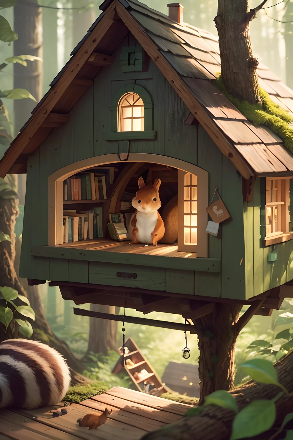 - *Illustration:* Eddie, the curious squirrel, in his cozy treehouse in the woods. Eine Nahaufnahme von Eddies Pfoten, the curious squirrel, holding a book with its tiny paws. The bookshelves with colorful pictures on the walls are blurry in the background. In dem illustrationsstil von Anita Jeram