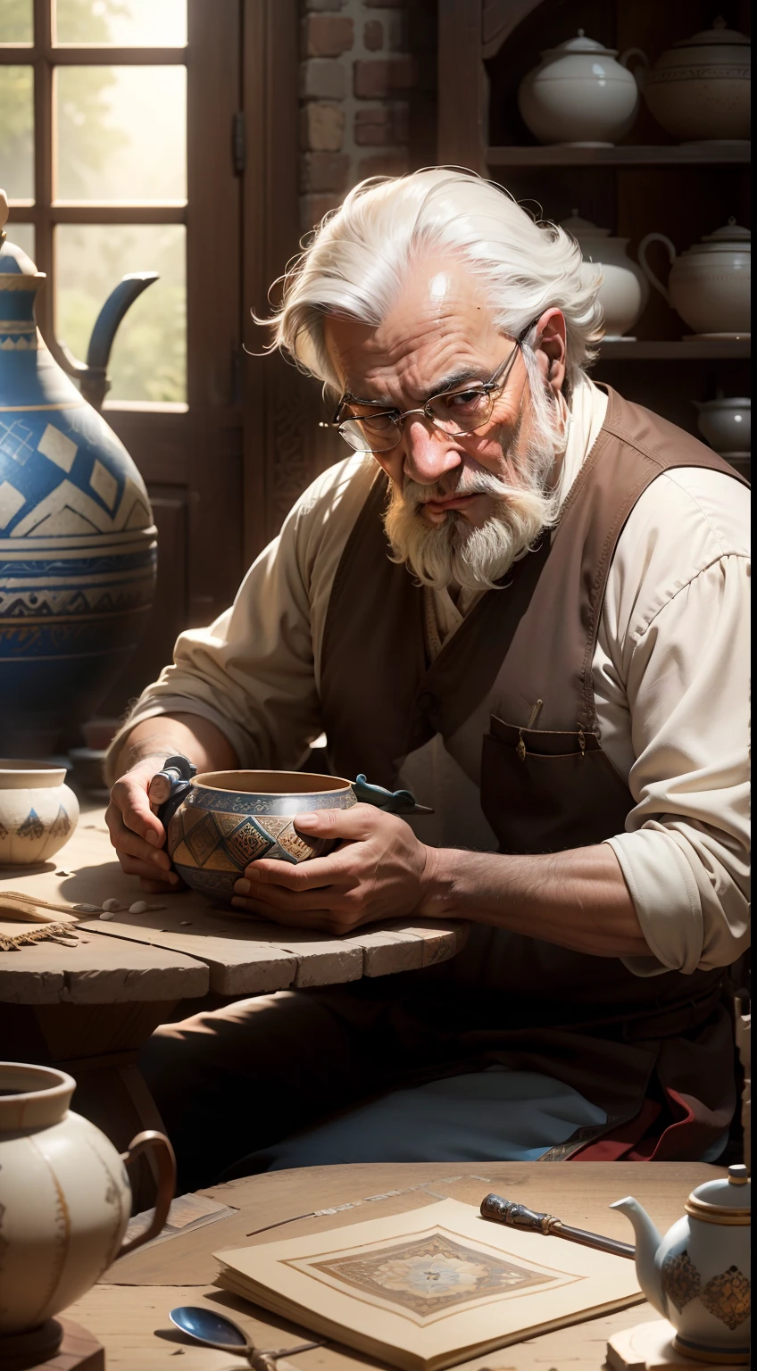 Artistic Image:
Type of Image: Mixed Media Collage
Subject Description: Immerse yourself in the world of Persian Pottery as we observe an old Persian man seated behind a workshop table, dedicated to the craft of creating clay vessels. The man's face shows the wisdom and experience that comes with years of honing his artistic skills. The workshop is filled with fragments of broken pottery, strewn around him, telling stories of countless creations. The ambiance is dim, with the warm glow of sunlight streaming through the windows, casting a mesmerizing play of light and shadow. The scene radiates a serene and contemplative atmosphere as the old man carefully molds the clay, his hands guided by a lifetime of knowledge. Each vessel he creates showcases the artistry and cultural heritage of Persian pottery.
Art Styles: Persian-inspired, Mixed Media Collage
Art Inspirations: The mixed media collages of Lalla Essaydi, the intricate designs of Persian pottery, and the traditional craftsmanship of Persian artisans.
Camera: Long shot
Camera Lens: 70mm
