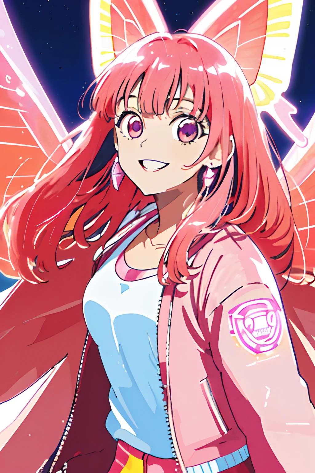 masterpiece, best quality, 1girl, city pop, night, neon light, looking at another, upper body, vector illustration, jacket, light smile, blunt bangs, long hair, pink clothes, pink hair, large butterfly wings