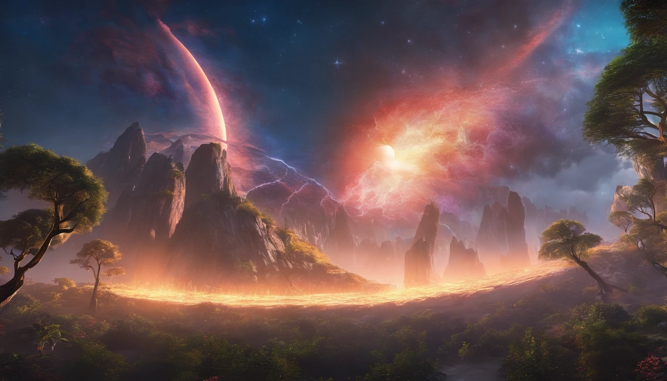 Gere uma imagem que ilustre o momento em que a voz de Deus ecoa no universo, e uma luz deslumbrante irrompe, breaking through the darkness in a magnificent spectacle.