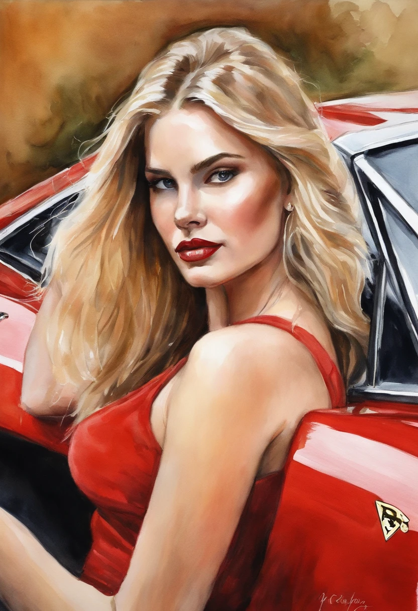 (obra-prima, mejor calidad),1chica joven sensual rubia con cabello claro sentada en un Ferrari rojo, la mano debajo de la barbilla, warm lighting, vestido corto, primer plano borroso