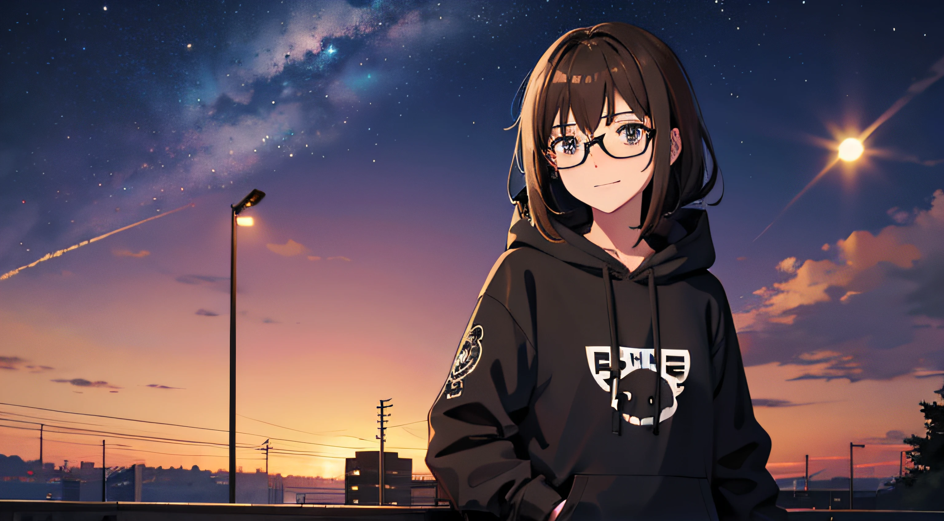 Anime girl grinning in black hoodie and jeans with brown hair and glasses, handsome face, eine schwarze Katze sitzt auf ihrer Schulter, In the background is a beautiful night sky star cluster , Sternschnuppe, eine Anime-Zeichnung, inspiriert von Makoto Shinkai, Ereignis, Anime-Szene, 4k Anime Hintergrundbild, Anime Hintergrundbilder 4k, 4 k Manga Hintergrundbild, anime art wallpaper 8 k, Meisterwerk, episch, Farbenspiel, high resolution, Stirn zu sehen, Nocturnal atmosphere, Firefly, Anime-Szene, beautiful, Particularly beautiful mold, Fokus auf Nachthimmel
