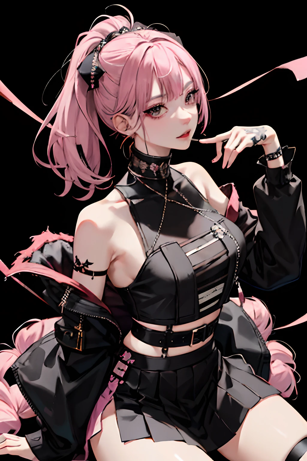 (masuter piece:1.2、top-quality)、(Live action、Intricate details)、(1lady、独奏、The upper part of the body、Colossal tits) garments: Edgy、Black jumper、Pink mini skirt、Avant-garde、Experimental appearance: Long pink hair、Dramatic makeup、Unconventional fashion choices behavior: Rebel、Runaway Ladies Leader、secretary-general、Black jumper、Pink mini skirt、Anti-system、Provocative Location: urban art district、Underground Music Scene Hobbies: Bad girl、Create mixed media art、Experiment with different subcultures values: individuality、authenticity、Creative Expression Inspiration: Runaway Ladies Leader、secretary-general、Counterculture icons、Nature: boldness、Unconventional。