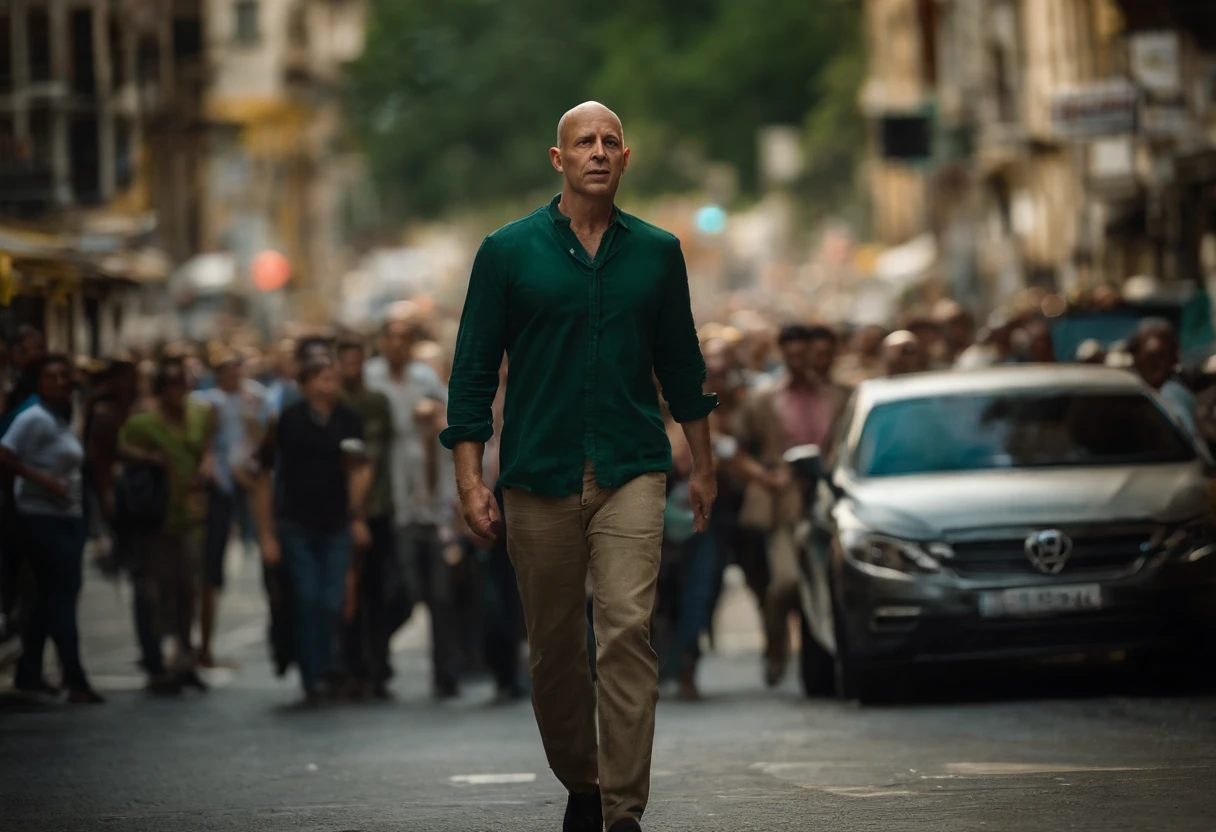 Desenhe uma cena em um local urbano ao ar livre, onde um homem magro e careca, veste uma camisa verde escura, the shirt is short sleeve style, is in the center of the image. The man is bald, ou mesmo, Homem careca fica parado, As pessoas em movimento, Creating a blur of activity around me giving up, bald man, The scene should be represented at an angle that highlights the thin man in the crowd and the urban atmosphere around him. The scene is done in half a scene, The man is facing, People who are around are out of focus with Blur showing that they are moving fast