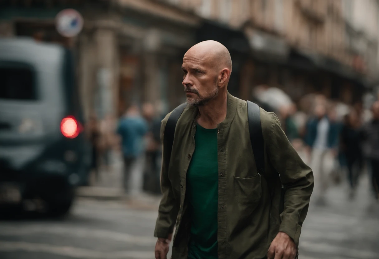 Desenhe uma cena em um local urbano ao ar livre, onde um homem magro e careca, veste uma camisa verde escura, the shirt is short sleeve style, is in the center of the image. The man is bald, ou mesmo, Homem careca fica parado, As pessoas em movimento, Creating a blur of activity around me giving up, bald man, The scene should be represented at an angle that highlights the thin man in the crowd and the urban atmosphere around him. The scene is done in half a scene, The man is facing, People who are around are out of focus with Blur showing that they are moving fast