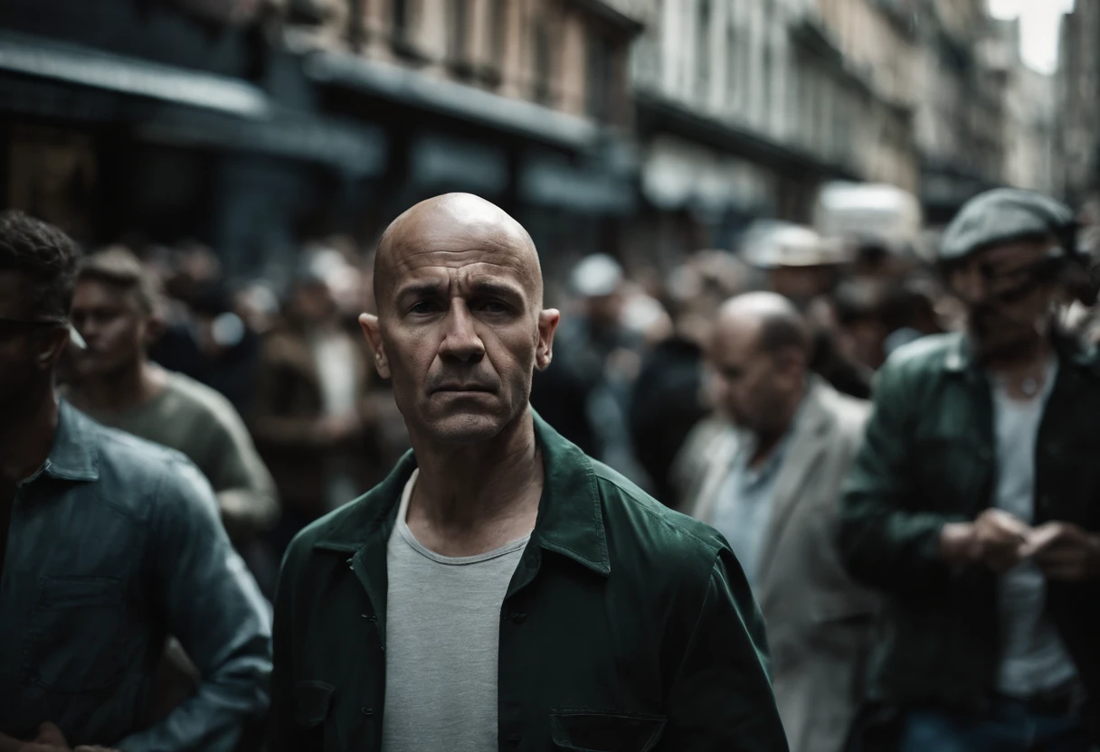 Desenhe uma cena em um local urbano ao ar livre, onde um homem magro e careca, veste uma camisa verde escura, the shirt is short sleeve style, is in the center of the image. The man is bald, ou mesmo, Homem careca fica parado, As pessoas em movimento, Creating a blur of activity around me giving up, bald man, The scene should be represented at an angle that highlights the thin man in the crowd and the urban atmosphere around him. The scene is done in half a scene, The man is facing, People who are around are out of focus with Blur showing that they are moving fast