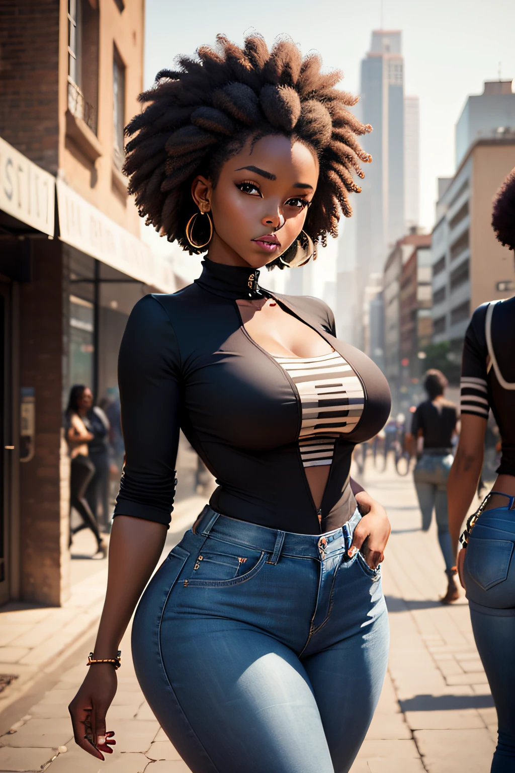 Sexy black woman athletic body big breasts hair with braids naked military jacket long boots
