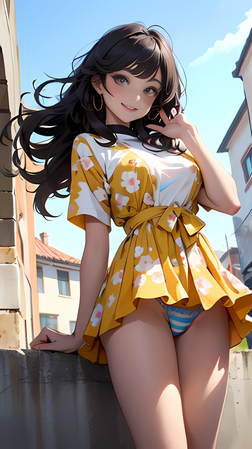 masterpiece, best quality, beautiful woman, beautiful smile, on a windy day, she lifts her pleated patterned yellow dress up high, baring her legs and showing her panties, bare-chested, big eyes