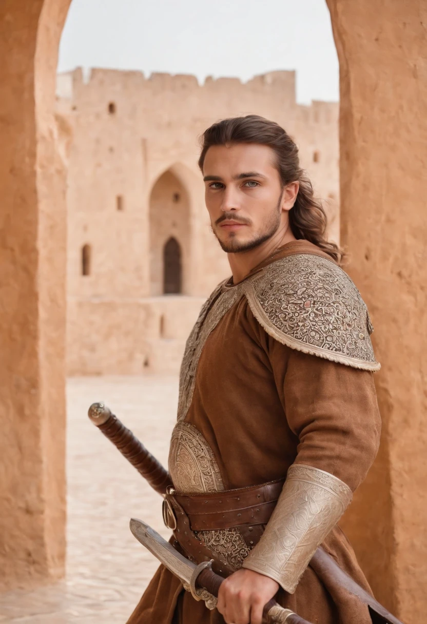 strong, A young man with brown and white hair, A slight beard and a full body dressed as a warrior standing in the palaces of Andalusia ,Moroccan mosaic,Moroccan Zellige,Islamic War Hat,The whole body looks at the camera holding a sword