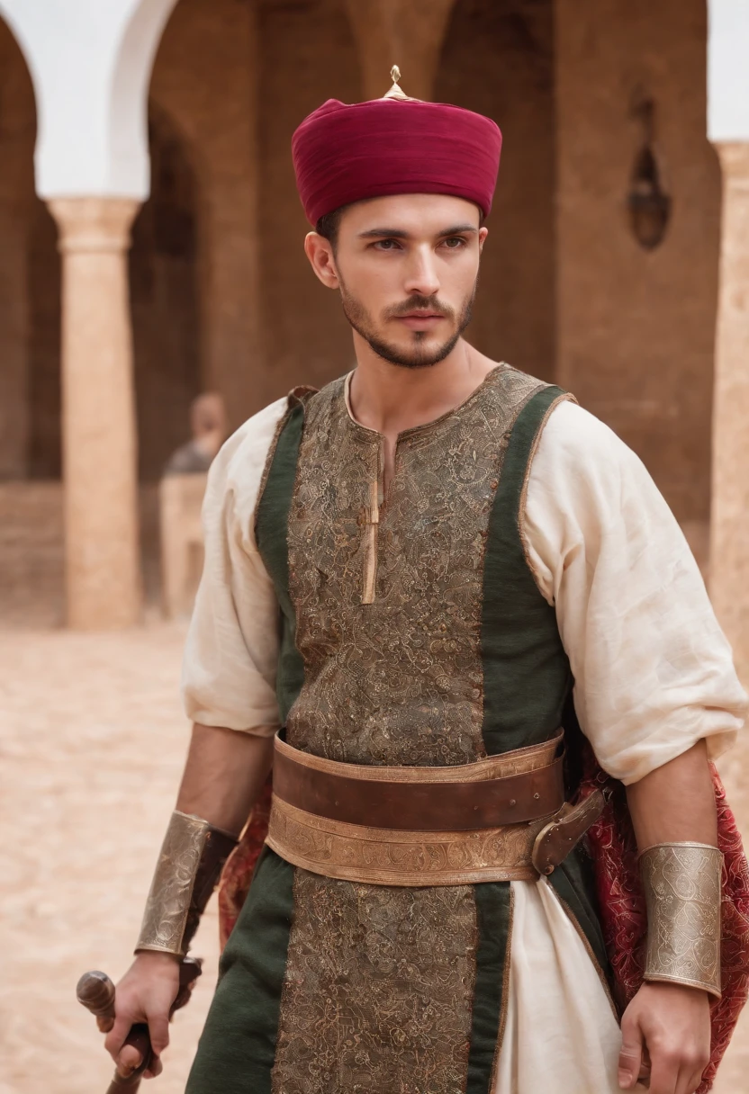 strong, A young man with brown and white hair, A slight beard and a full body dressed as a warrior standing in the palaces of Andalusia ,Moroccan mosaic,Moroccan Zellige,Islamic War Hat,The whole body looks at the camera holding a sword