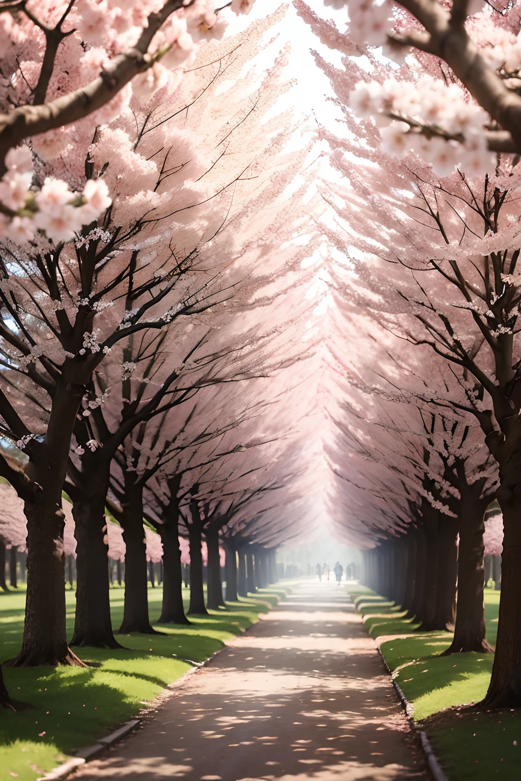 Bright warm sunlight streaming through a grove of cherry blossom trees in full bloom, capturing a fleeting moment of natural beauty.